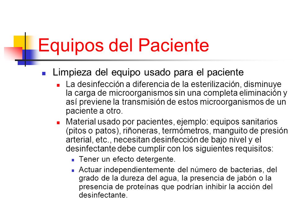 Equipos del Paciente Limpieza del equipo usado para el paciente
