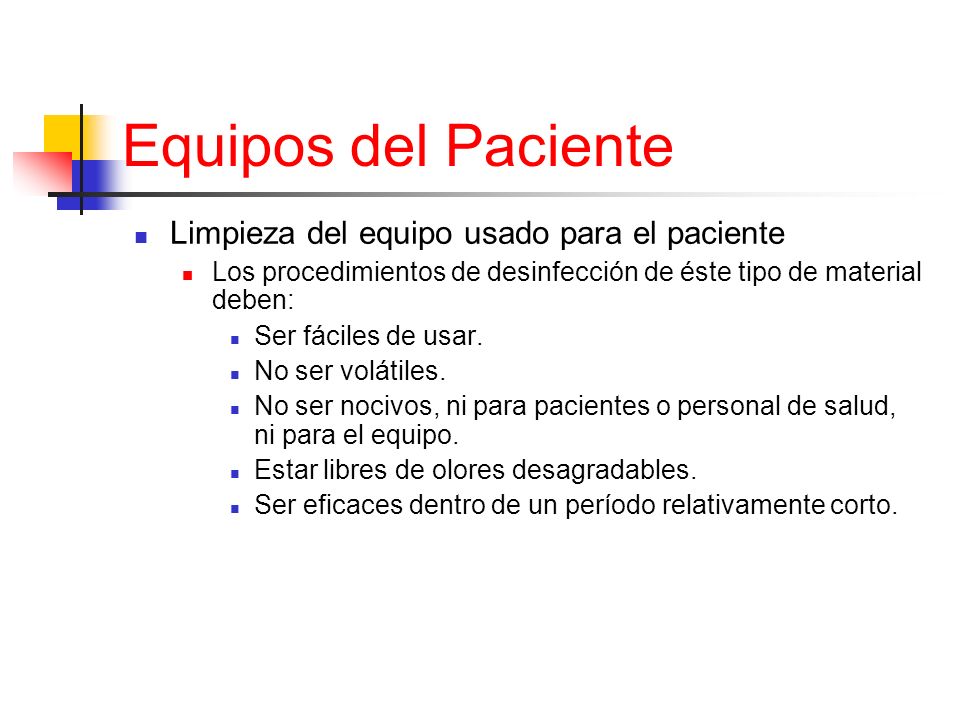 Equipos del Paciente Limpieza del equipo usado para el paciente