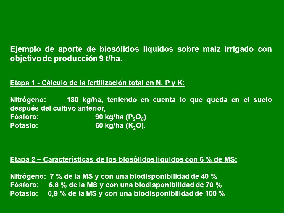 Ejemplo de aporte de biosólidos líquidos sobre maíz irrigado con objetivo de producción 9 t/ha.