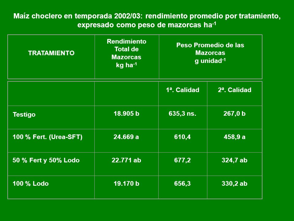 Rendimiento Total de Mazorcas Peso Promedio de las Mazorcas