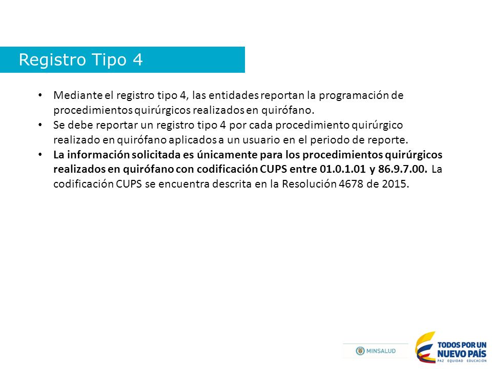 Registro Tipo 4 Mediante el registro tipo 4, las entidades reportan la programación de procedimientos quirúrgicos realizados en quirófano.