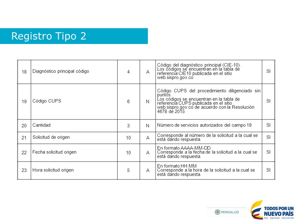 Registro Tipo Diagnóstico principal código. 4. A. Código del diagnóstico principal (CIE-10).