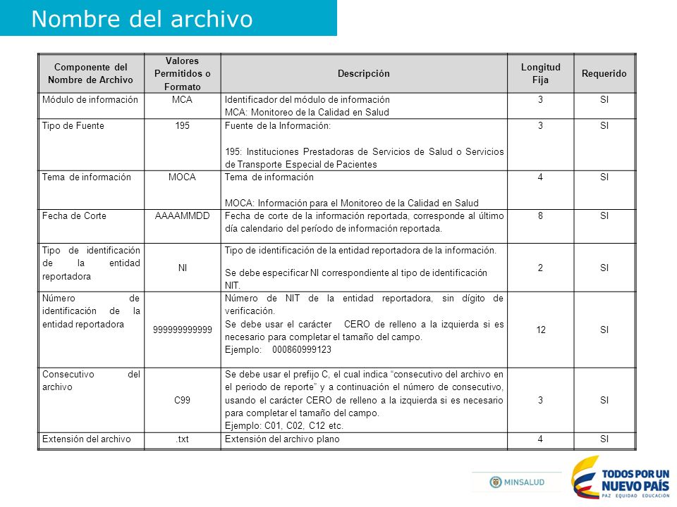 Componente del Nombre de Archivo Valores Permitidos o Formato