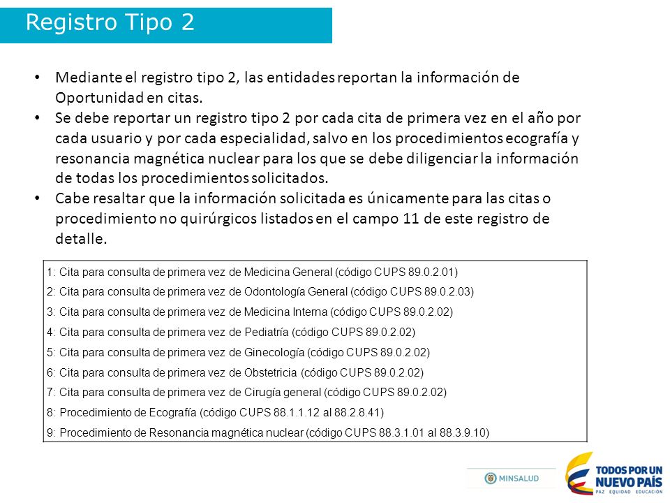 Registro Tipo 2 Mediante el registro tipo 2, las entidades reportan la información de Oportunidad en citas.