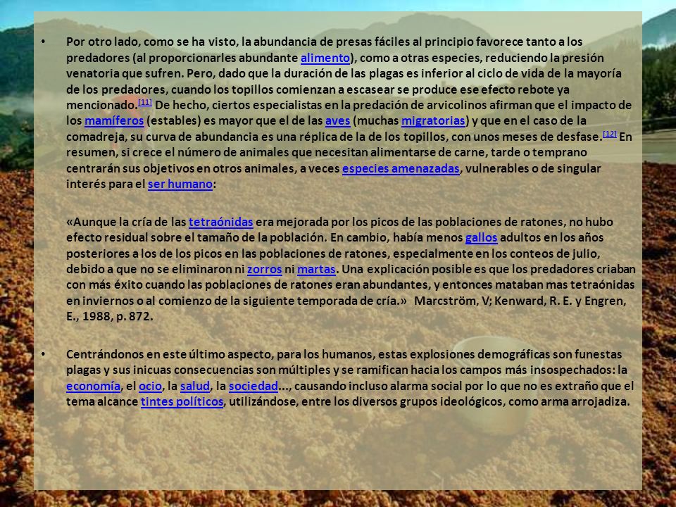 Por otro lado, como se ha visto, la abundancia de presas fáciles al principio favorece tanto a los predadores (al proporcionarles abundante alimento), como a otras especies, reduciendo la presión venatoria que sufren. Pero, dado que la duración de las plagas es inferior al ciclo de vida de la mayoría de los predadores, cuando los topillos comienzan a escasear se produce ese efecto rebote ya mencionado.[11] De hecho, ciertos especialistas en la predación de arvicolinos afirman que el impacto de los mamíferos (estables) es mayor que el de las aves (muchas migratorias) y que en el caso de la comadreja, su curva de abundancia es una réplica de la de los topillos, con unos meses de desfase.[12] En resumen, si crece el número de animales que necesitan alimentarse de carne, tarde o temprano centrarán sus objetivos en otros animales, a veces especies amenazadas, vulnerables o de singular interés para el ser humano: