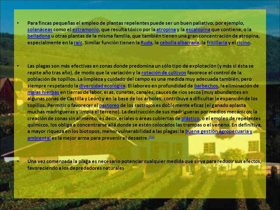 Para fincas pequeñas el empleo de plantas repelentes puede ser un buen paliativo, por ejemplo, solanáceas como el estramonio, que resulta tóxico por la atropina y la escalopina que contiene, o la belladona u otras plantas de la misma familia, que también tienen una gran concentración de atropina, especialmente en la raíz. Similar función tienen la Ruda, la cebolla albarrana, la fritillaria y el ricino.