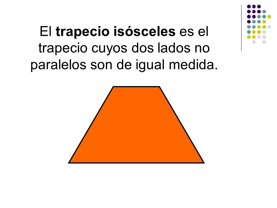 El trapecio isósceles es el trapecio cuyos dos lados no paralelos son de igual medida.