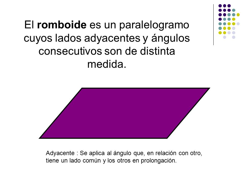 El romboide es un paralelogramo cuyos lados adyacentes y ángulos consecutivos son de distinta medida.