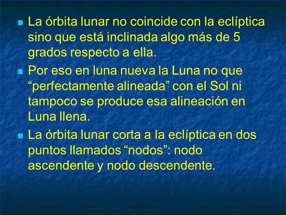 La órbita lunar no coincide con la eclíptica sino que está inclinada algo más de 5 grados respecto a ella.