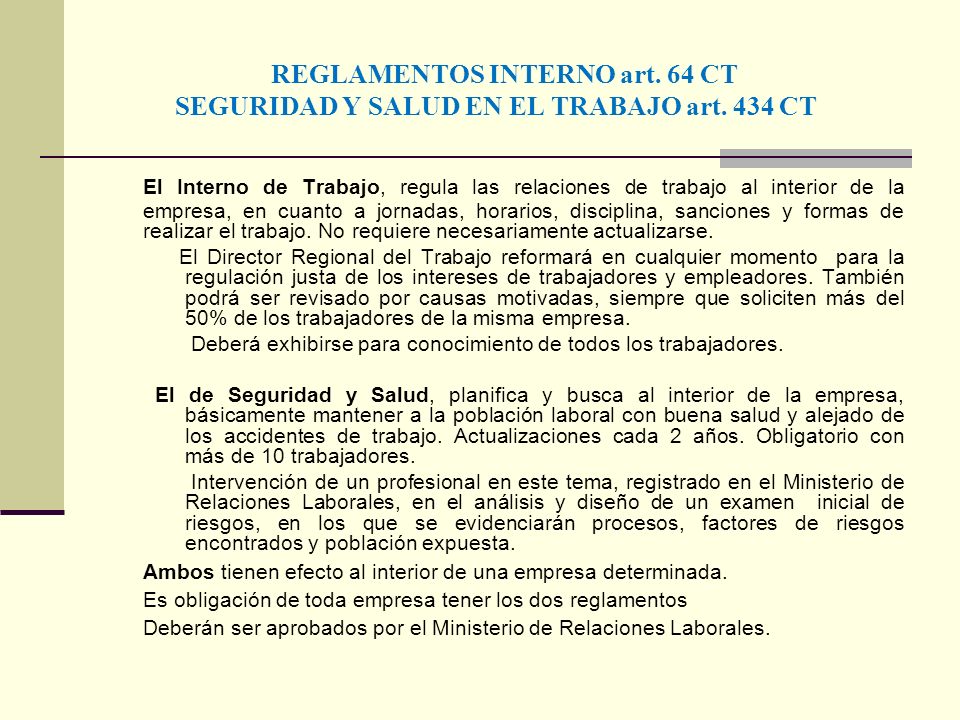 REGLAMENTOS INTERNO art. 64 CT SEGURIDAD Y SALUD EN EL TRABAJO art