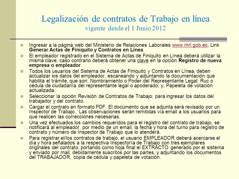 Legalización de contratos de Trabajo en línea vigente desde el 1 Junio 2012