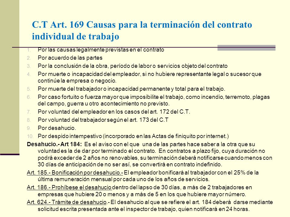 C.T Art. 169 Causas para la terminación del contrato individual de trabajo
