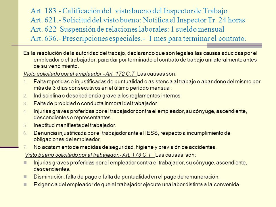 Art Calificación del visto bueno del Inspector de Trabajo Art