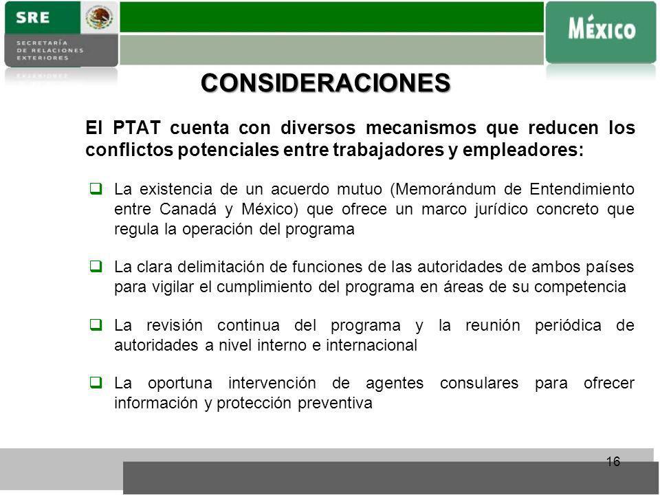 CONSIDERACIONES El PTAT cuenta con diversos mecanismos que reducen los conflictos potenciales entre trabajadores y empleadores: