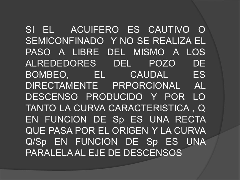 SI EL ACUIFERO ES CAUTIVO O SEMICONFINADO Y NO SE REALIZA EL PASO A LIBRE DEL MISMO A LOS ALREDEDORES DEL POZO DE BOMBEO, EL CAUDAL ES DIRECTAMENTE PRPORCIONAL AL DESCENSO PRODUCIDO Y POR LO TANTO LA CURVA CARACTERISTICA , Q EN FUNCION DE Sp ES UNA RECTA QUE PASA POR EL ORIGEN Y LA CURVA Q/Sp EN FUNCION DE Sp ES UNA PARALELA AL EJE DE DESCENSOS