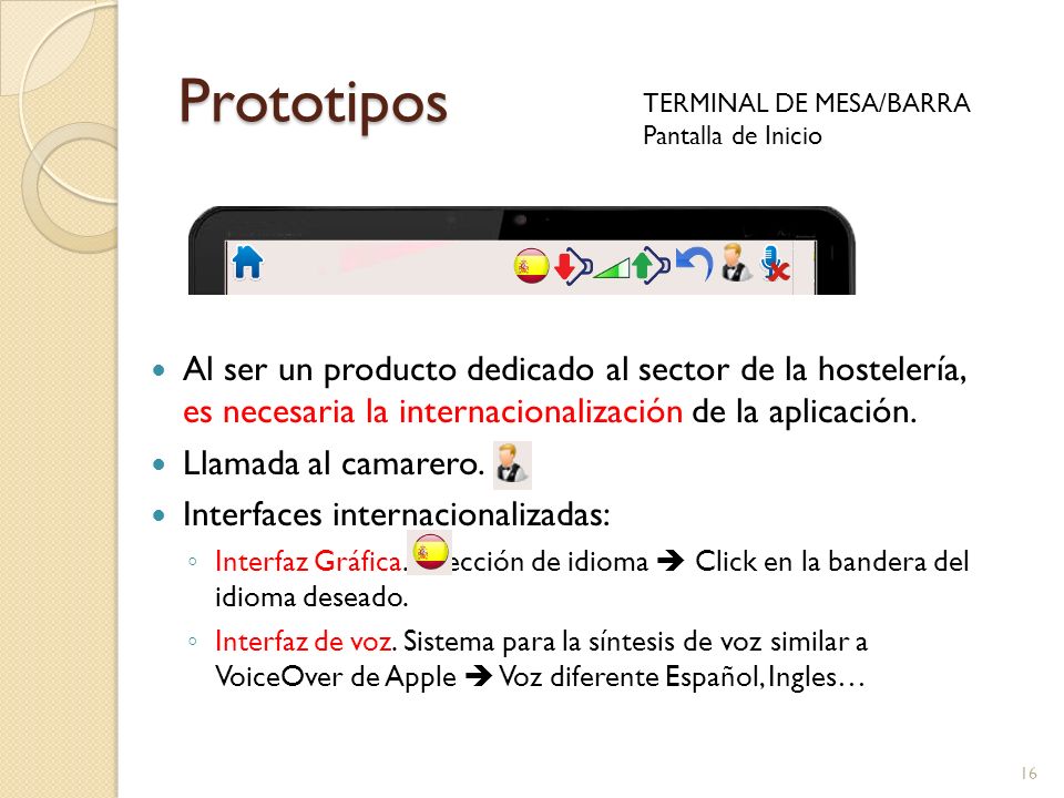 Prototipos TERMINAL DE MESA/BARRA. Pantalla de Inicio.
