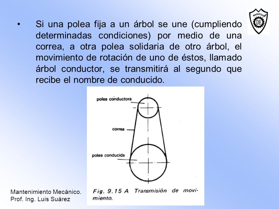 Si una polea fija a un árbol se une (cumpliendo determinadas condiciones) por medio de una correa, a otra polea solidaria de otro árbol, el movimiento de rotación de uno de éstos, llamado árbol conductor, se transmitirá al segundo que recibe el nombre de conducido.