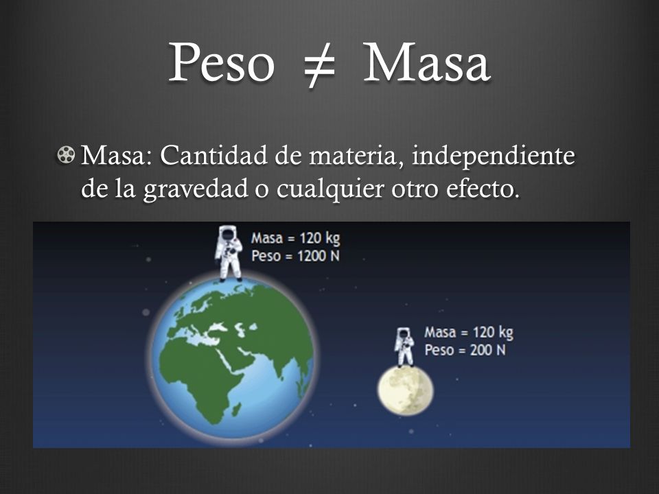 Peso ≠ Masa Masa: Cantidad de materia, independiente de la gravedad o cualquier otro efecto.
