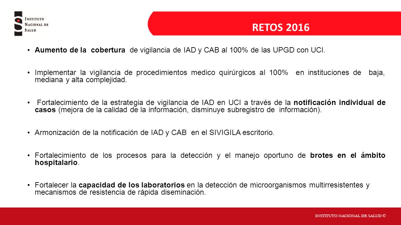 RETOS 2016 Aumento de la cobertura de vigilancia de IAD y CAB al 100% de las UPGD con UCI.