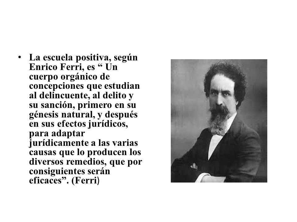 La escuela positiva, según Enrico Ferri, es Un cuerpo orgánico de concepciones que estudian al delincuente, al delito y su sanción, primero en su génesis natural, y después en sus efectos jurídicos, para adaptar jurídicamente a las varias causas que lo producen los diversos remedios, que por consiguientes serán eficaces .