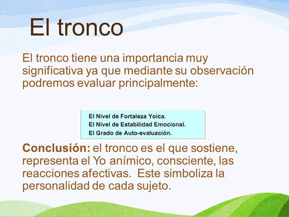 El tronco El tronco tiene una importancia muy significativa ya que mediante su observación podremos evaluar principalmente: