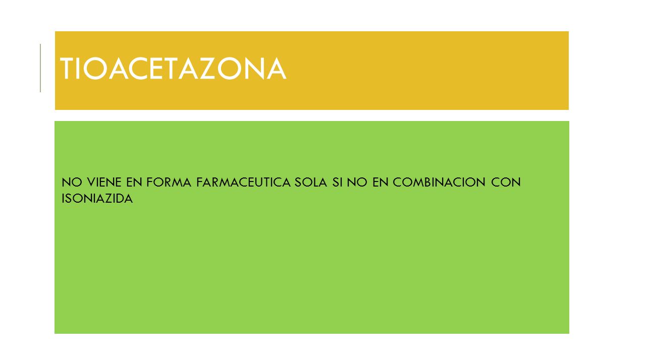 TIOACETAZONA NO VIENE EN FORMA FARMACEUTICA SOLA SI NO EN COMBINACION CON ISONIAZIDA