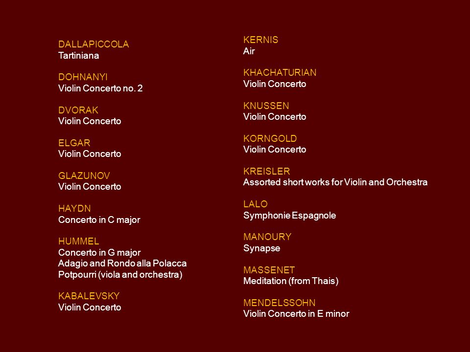KERNIS Air. KHACHATURIAN. Violin Concerto. KNUSSEN. KORNGOLD. KREISLER. Assorted short works for Violin and Orchestra.
