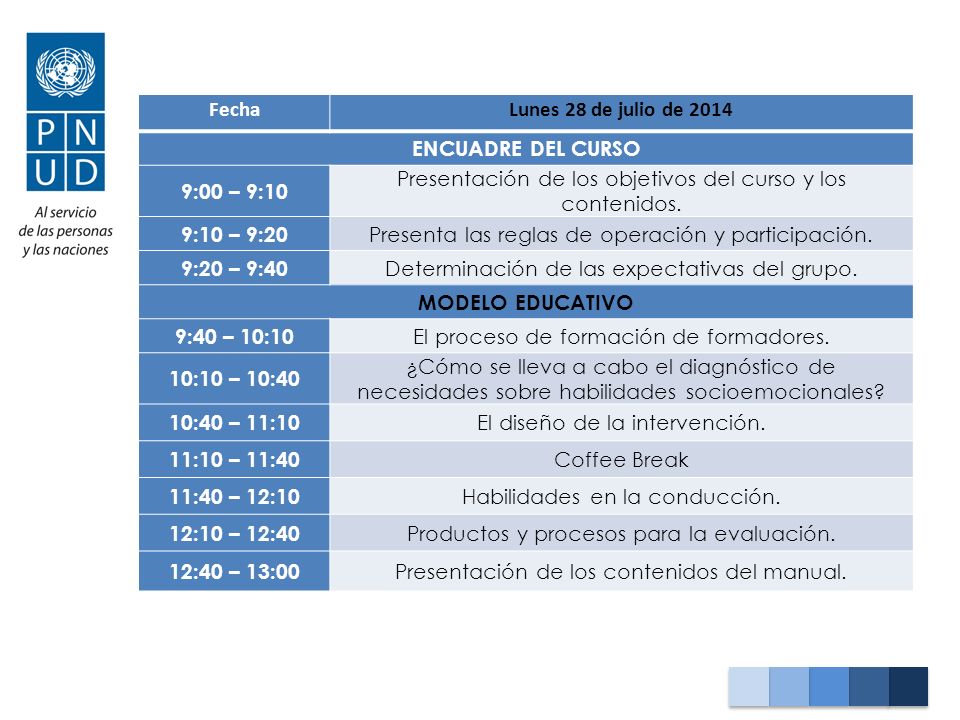 Presentación de los objetivos del curso y los contenidos. 9:10 – 9:20