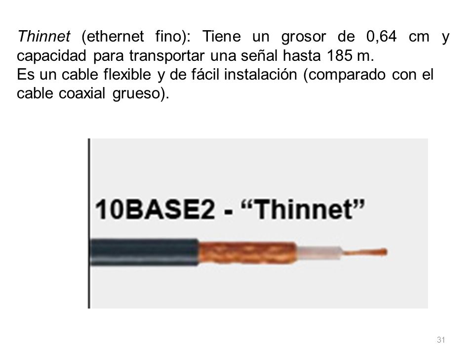 Thinnet (ethernet fino): Tiene un grosor de 0,64 cm y capacidad para transportar una señal hasta 185 m.