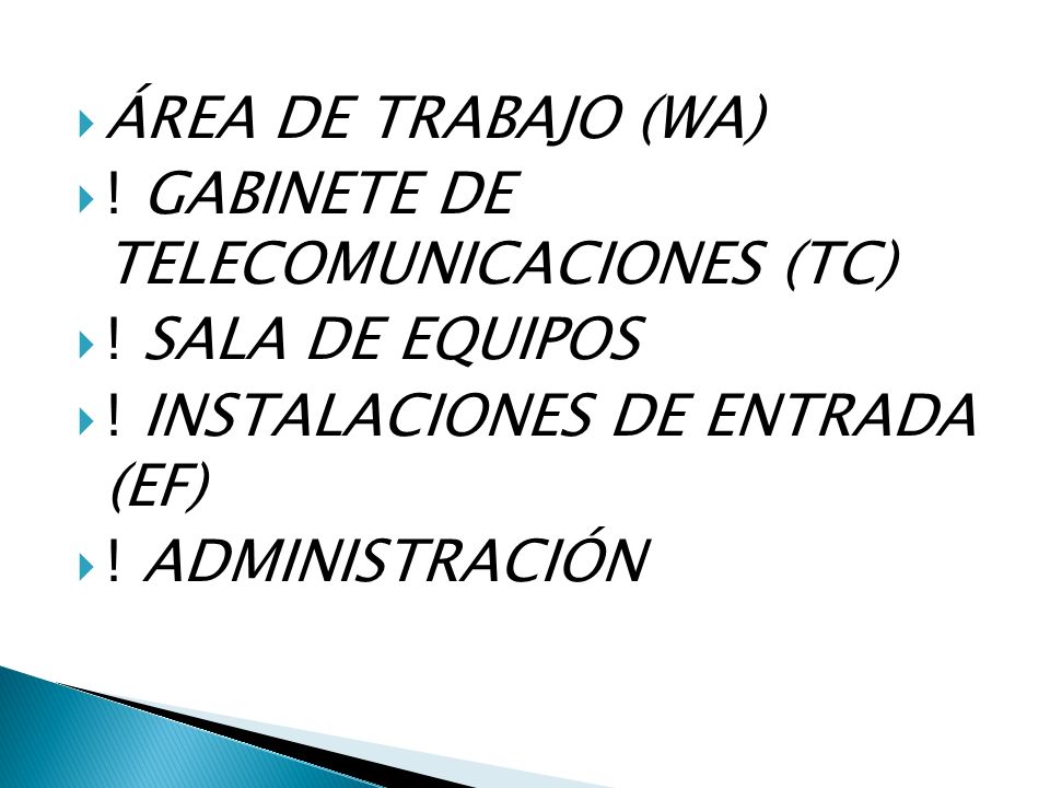 ÁREA DE TRABAJO (WA) ! GABINETE DE TELECOMUNICACIONES (TC) ! SALA DE EQUIPOS. ! INSTALACIONES DE ENTRADA (EF)