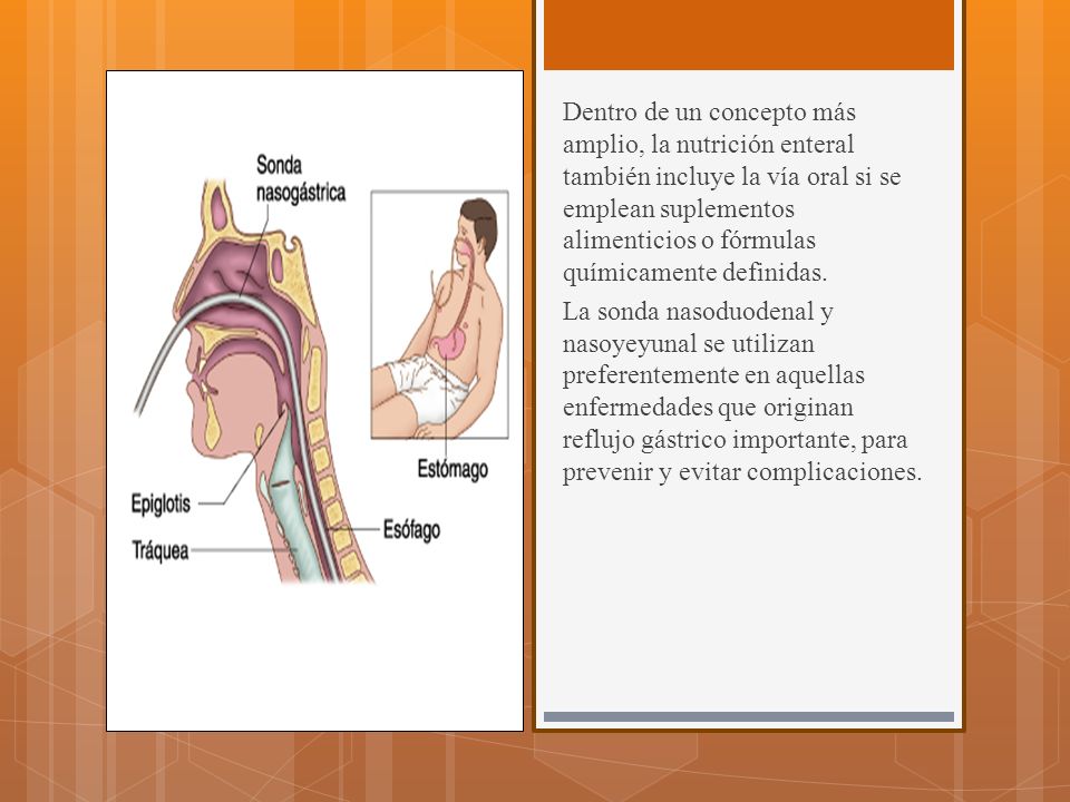 Dentro de un concepto más amplio, la nutrición enteral también incluye la vía oral si se emplean suplementos alimenticios o fórmulas químicamente definidas.