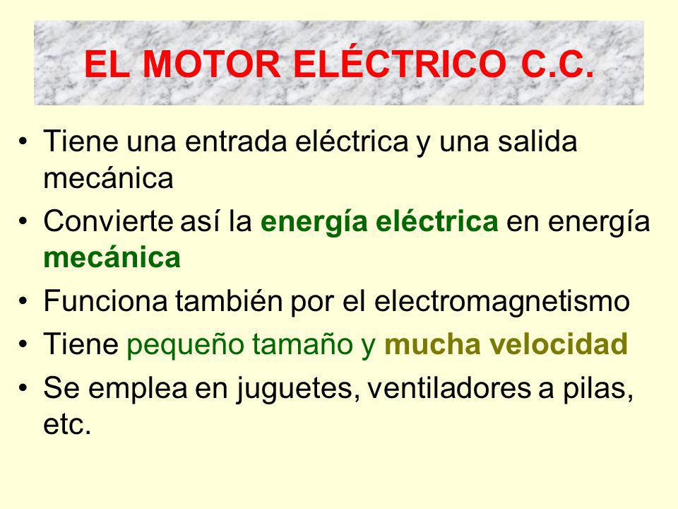 EL MOTOR ELÉCTRICO C.C. Tiene una entrada eléctrica y una salida mecánica. Convierte así la energía eléctrica en energía mecánica.
