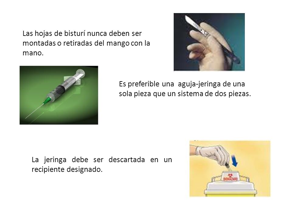 Las hojas de bisturí nunca deben ser montadas o retiradas del mango con la mano.