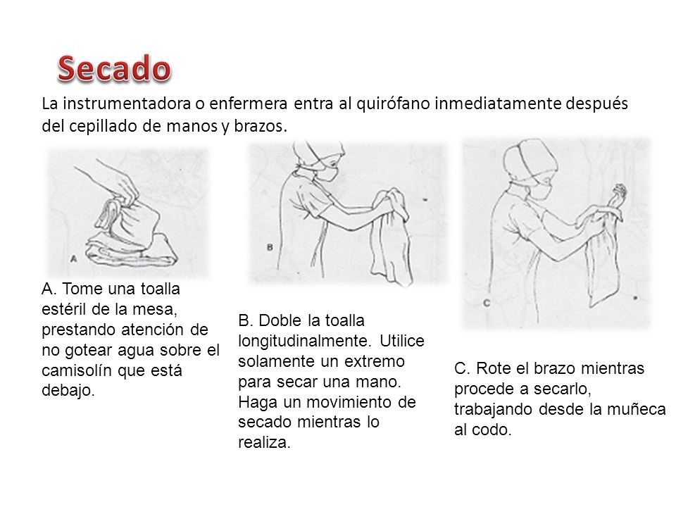 Secado La instrumentadora o enfermera entra al quirófano inmediatamente después del cepillado de manos y brazos.