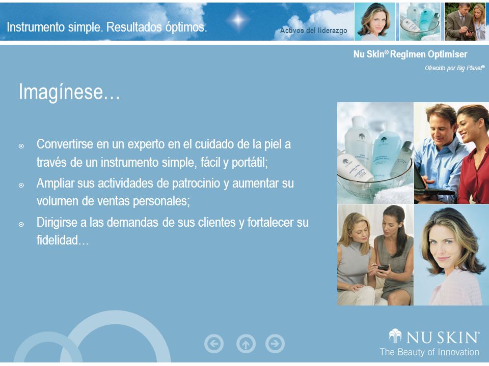 Activos del liderazgo Imagínese… Convertirse en un experto en el cuidado de la piel a través de un instrumento simple, fácil y portátil;