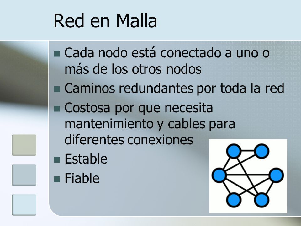 Red en Malla Cada nodo está conectado a uno o más de los otros nodos