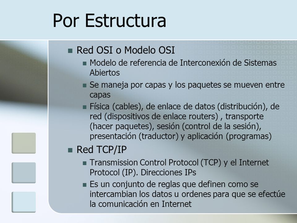 Por Estructura Red OSI o Modelo OSI Red TCP/IP