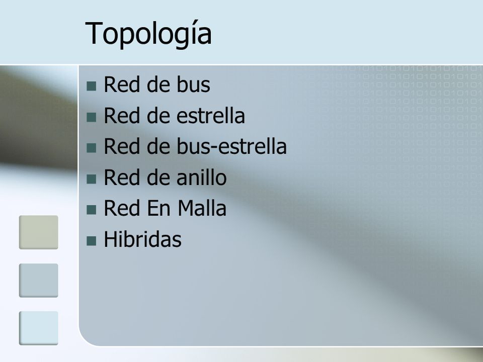 Topología Red de bus Red de estrella Red de bus-estrella Red de anillo