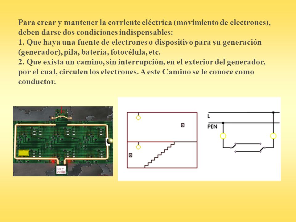 Para crear y mantener la corriente eléctrica (movimiento de electrones), deben darse dos condiciones indispensables: