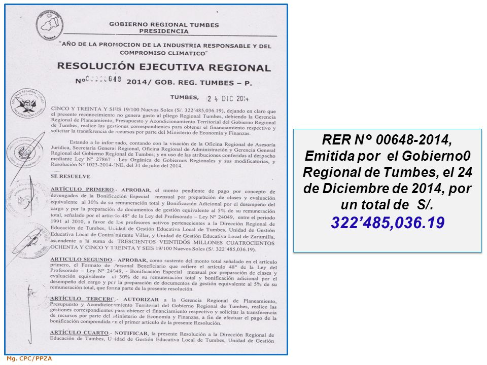 RER N° , Emitida por el Gobierno0 Regional de Tumbes, el 24 de Diciembre de 2014, por un total de S/. 322’485,036.19