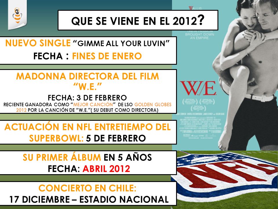 QUE SE VIENE EN EL 2012 NUEVO SINGLE GIMME ALL YOUR LUVIN FECHA : FINES DE ENERO. MADONNA DIRECTORA DEL FILM W.E. FECHA: 3 DE FEBRERO.
