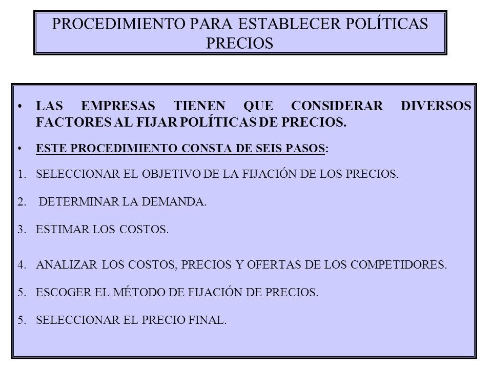 PROCEDIMIENTO PARA ESTABLECER POLÍTICAS PRECIOS
