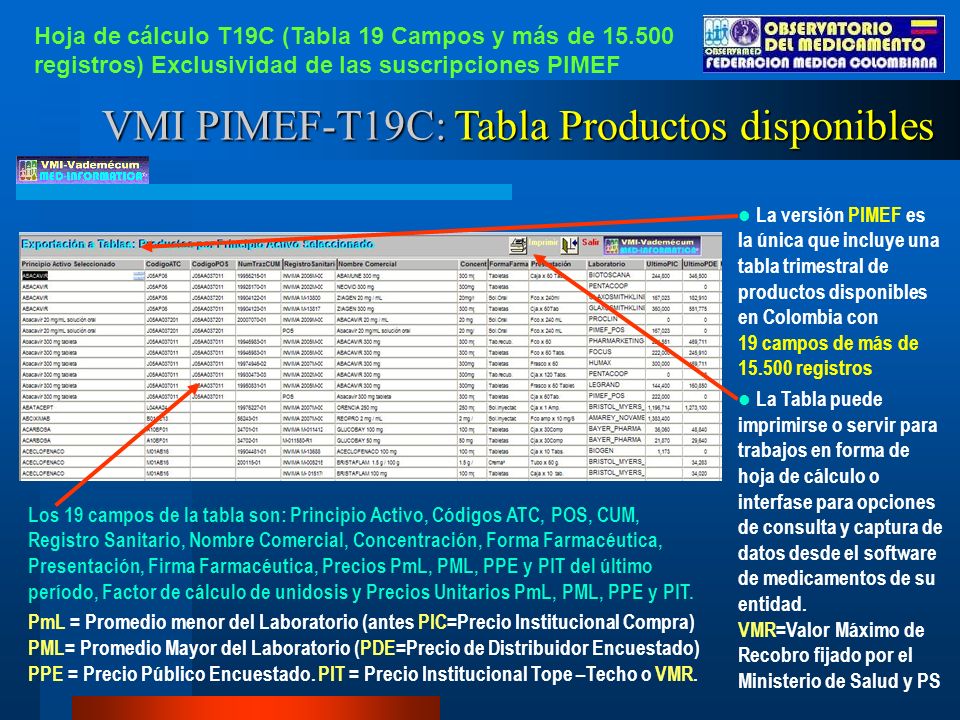 VMI PIMEF-T19C: Tabla Productos disponibles