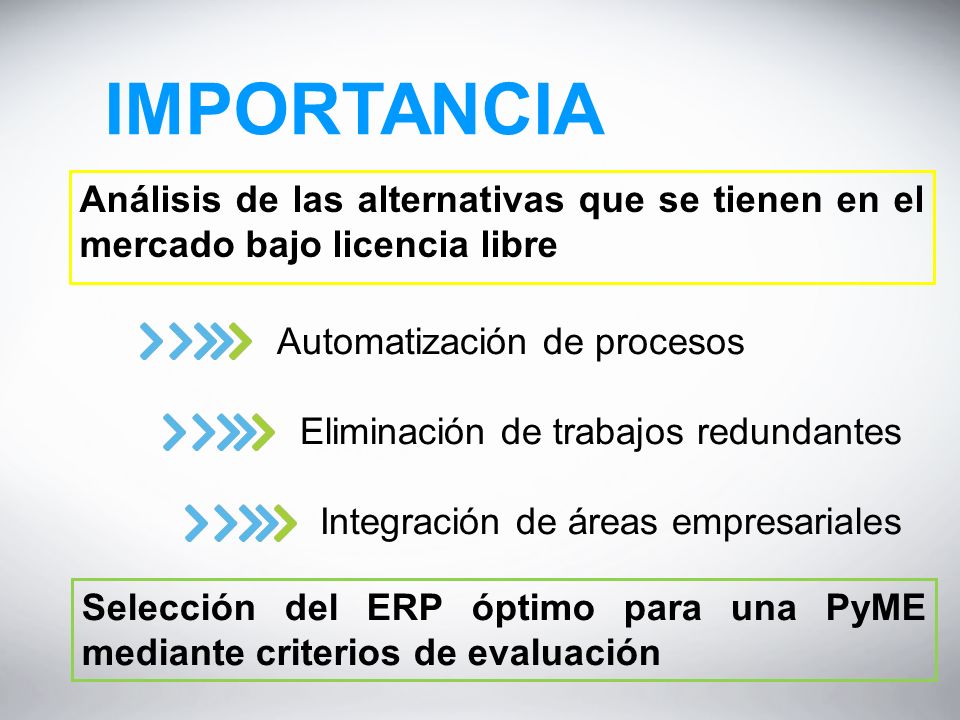 IMPORTANCIA Análisis de las alternativas que se tienen en el mercado bajo licencia libre. Automatización de procesos.