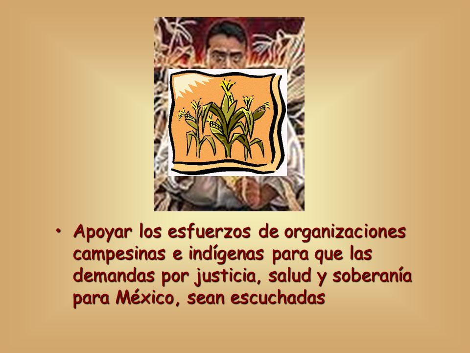 Apoyar los esfuerzos de organizaciones campesinas e indígenas para que las demandas por justicia, salud y soberanía para México, sean escuchadas