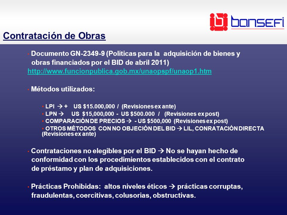 Contratación de Obras Documento GN (Políticas para la adquisición de bienes y. obras financiados por el BID de abril 2011)
