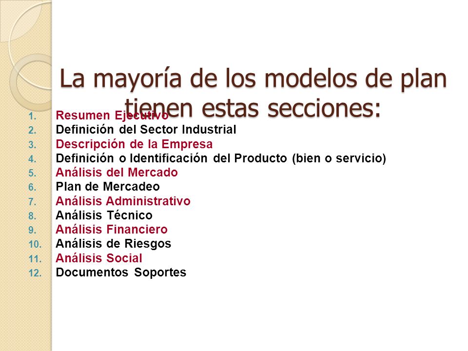 La mayoría de los modelos de plan tienen estas secciones: