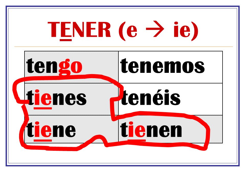 TENER (e  ie) tengo tenemos tienes tenéis tiene tienen