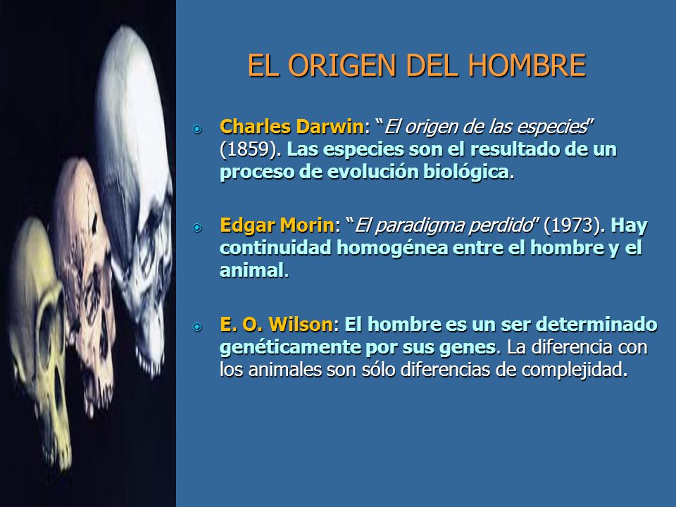 EL ORIGEN DEL HOMBRE Charles Darwin: El origen de las especies (1859). Las especies son el resultado de un proceso de evolución biológica.