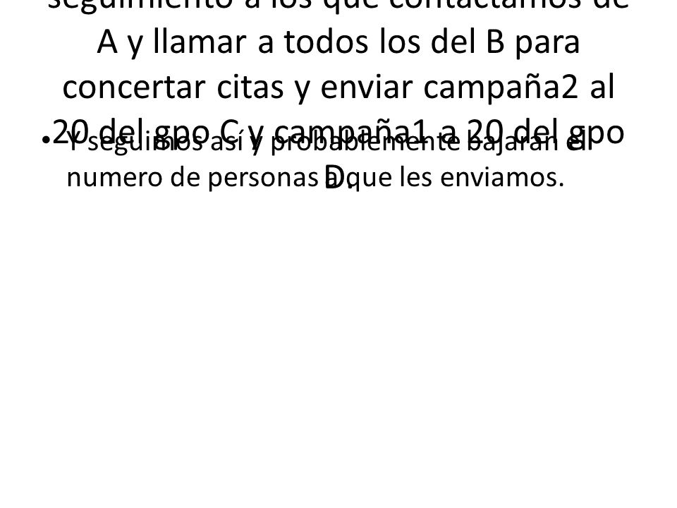 4a semana: Llamar de seguimiento a los que contactamos de A y llamar a todos los del B para concertar citas y enviar campaña2 al 20 del gpo C y campaña1 a 20 del gpo D.